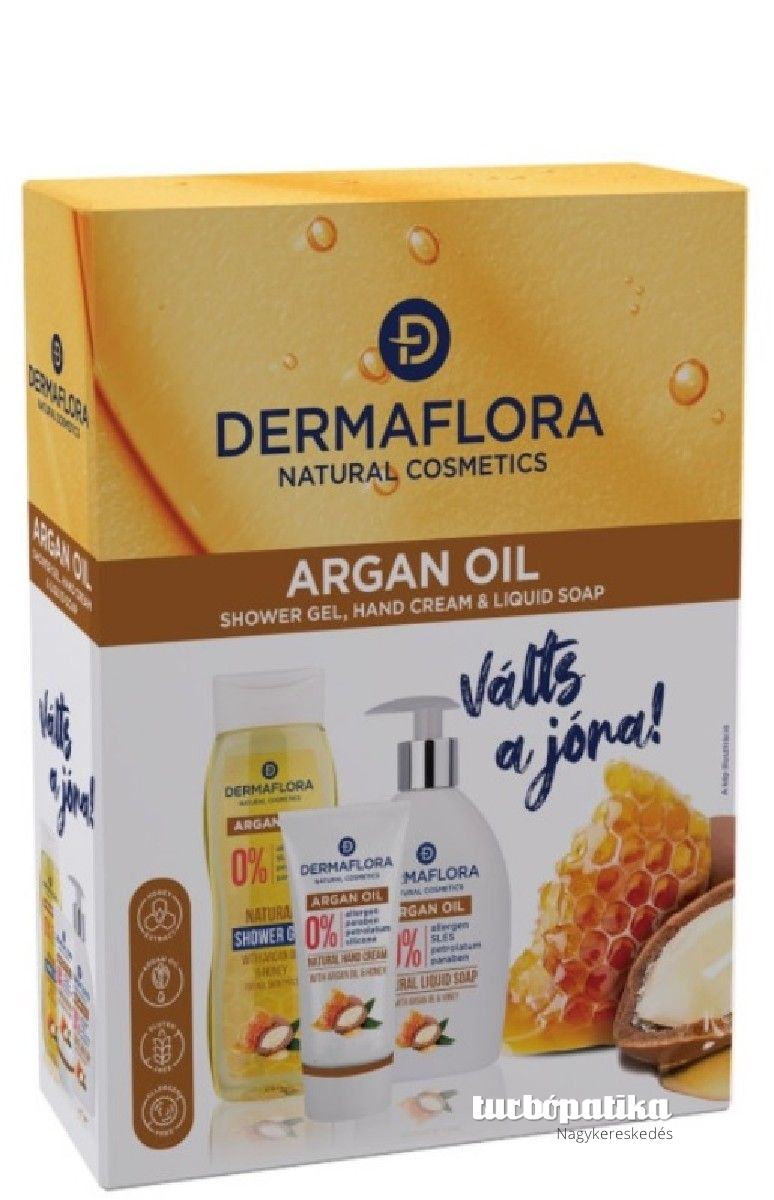  Dermaflora ajándékcsomag női (foly.szappan 400ml+kézkrém 50ml +tusfürdő 250ml) argan