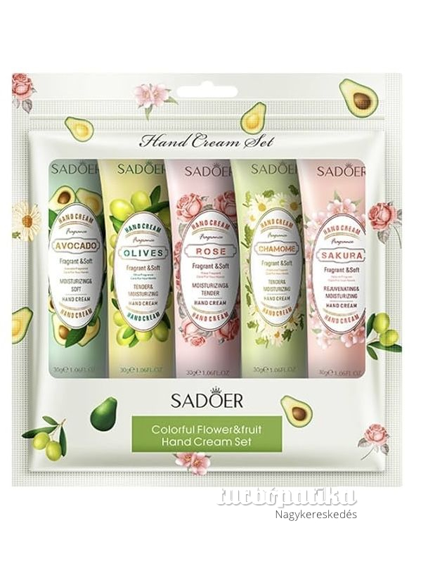 Sadoer kézkrém 1xAvokádó, 1xOliva, 1xRózsa, 1xKamilla, 1xJapáncseresznye 30g 5 db-os kiszerelés Sadoer kézkrém 1xAvokádó, 1xOliva, 1xRózsa, 1xKamilla, 1xJapáncseresznye 30g 5 db-os kiszerelés