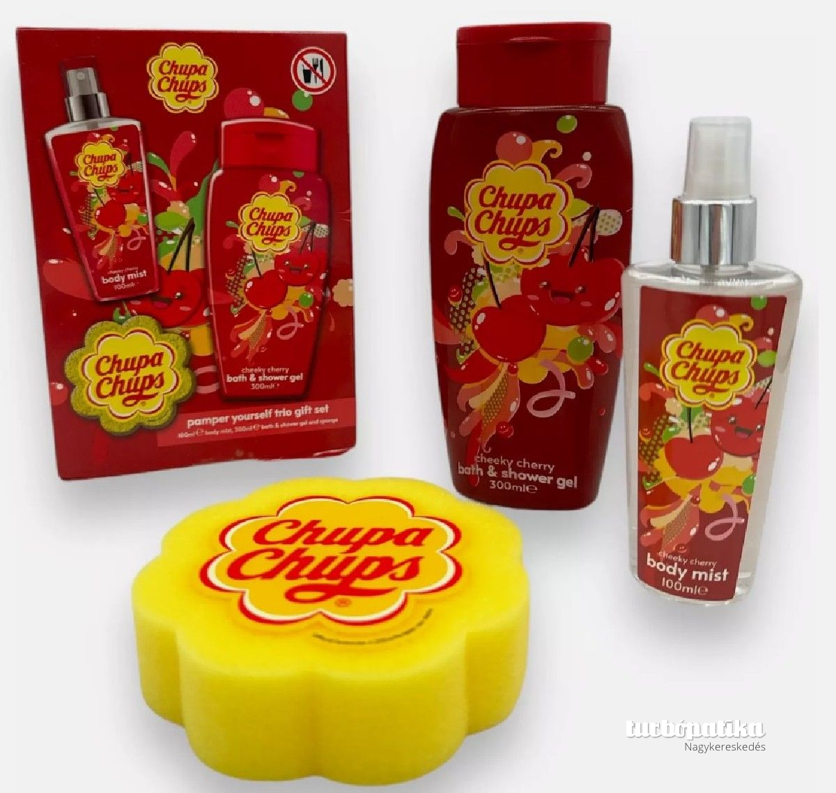 Chupa Chups ajándékcsomag (tusfürdő 300ml+testpermet 100ml+fürdőszivacs) Chupa Chups ajándékcsomag (tusfürdő 300ml+testpermet 100ml+fürdőszivacs)