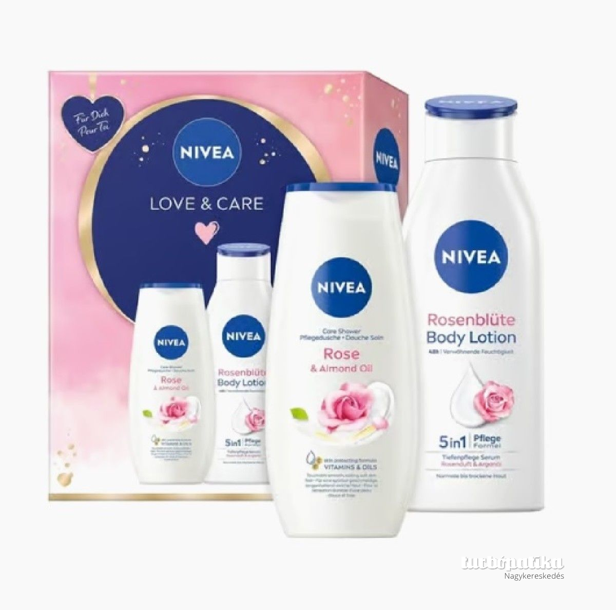 Nivea ajándékcsomag Love Care(Tusf.250ml+testáp. 400ml Rose and Almond)